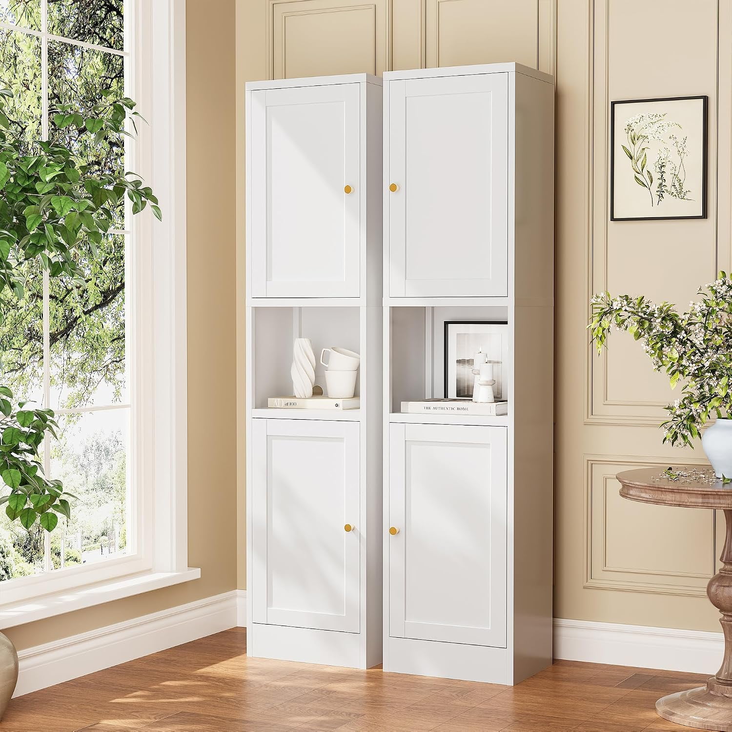 Tall Narrow Storage Cabinet Metal Pantry Cabinet with Ajustable Shelves Open Countertop Slim Sideboard for Small Spaces Living Room Kicthen Dining Room White