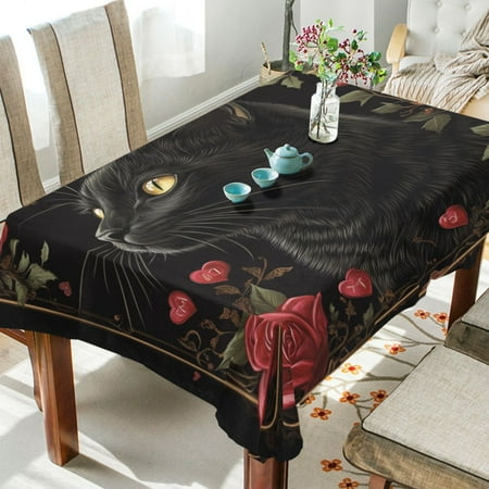 

WOBOGO Red Rose Black Cat Pattern Square Tablecloth 60×108in Polyester Fabric Tablecloth Washable Dust Resistant Wrinkle Resistant