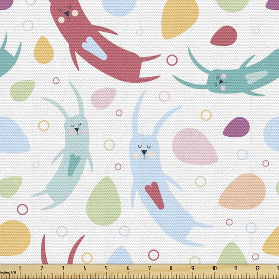 Cartoon Fabric by the Yard Upholstery, Pastel Colors with Rabbits Circles and Colorful Drops Pattern, Decorative Fabric for DIY and Home Accents, Multicolor by Ambesonne