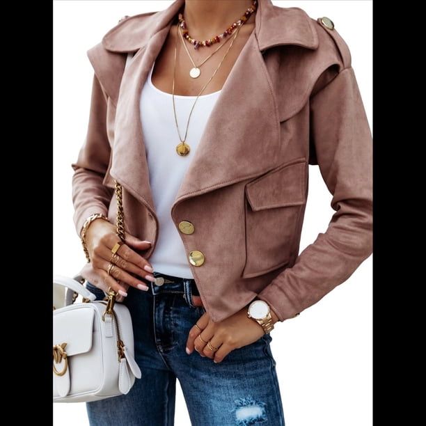 Chaqueta Corta de Larga con Solapa para Mujer, Otoño-Invierno, Color Liso, con Botones de Piel de Ciervo Rosa Oscuro XXL