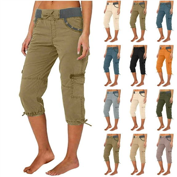 QATAINLAV Cargo Capri Pants for Women Drawstring Elastic Waist Summer Casual Cropped Trousers Knee Length Tie Knot Bottom Capris with Button Pockets Beige L Ofertas en Walmart