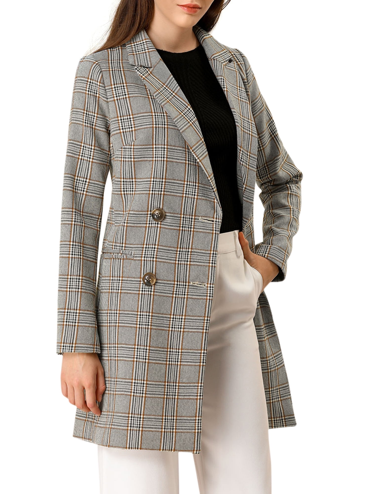 Allegra K Womens Notched Lapel Long Sleeves Double Breasted Plaid Blazer