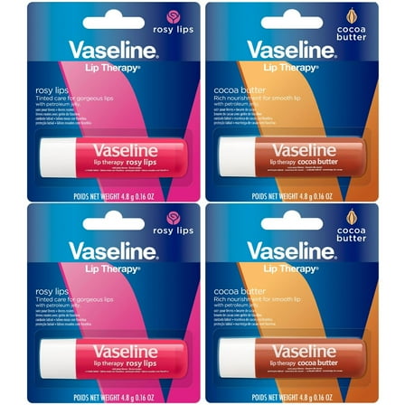 Vaseline Lip Therapy Variety 4-Pack – Rosy Lips   Cocoa Butter Moisturizing Lip Balm with Vitamin E, 0.16 Oz Ea