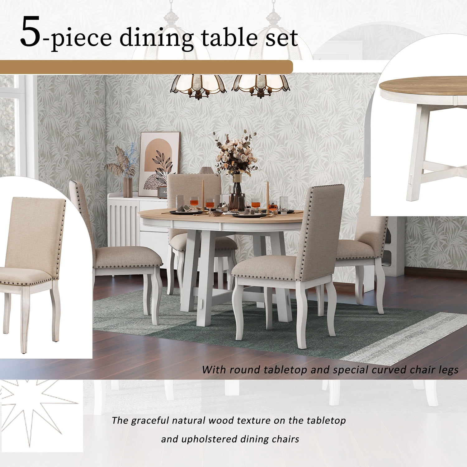 Harper & Bright Designs 5 Piece Farmhouse Dining Table Set Wood Round Extendable Dining Table and 4 Upholstered Dining Chairs, Oak Natural Wood + Antique White
