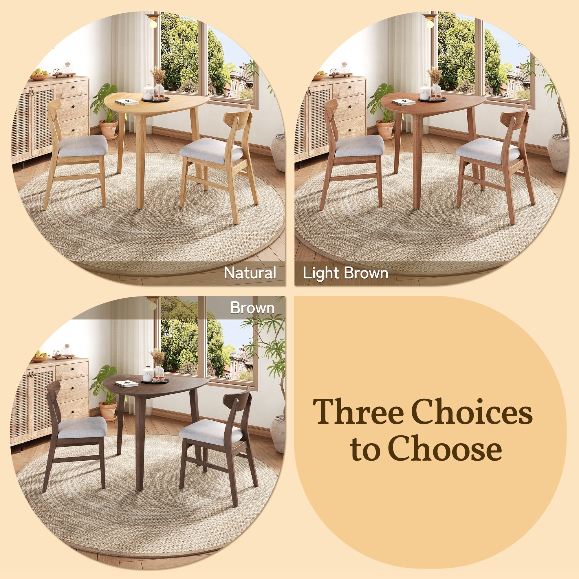 Euroco 3-Piece Dining Table Set for 2, Triangular Side Table with 2 Curved Chairs,Compact Kitchen Table Set for Kitchen Living Room,Small Space,Natural