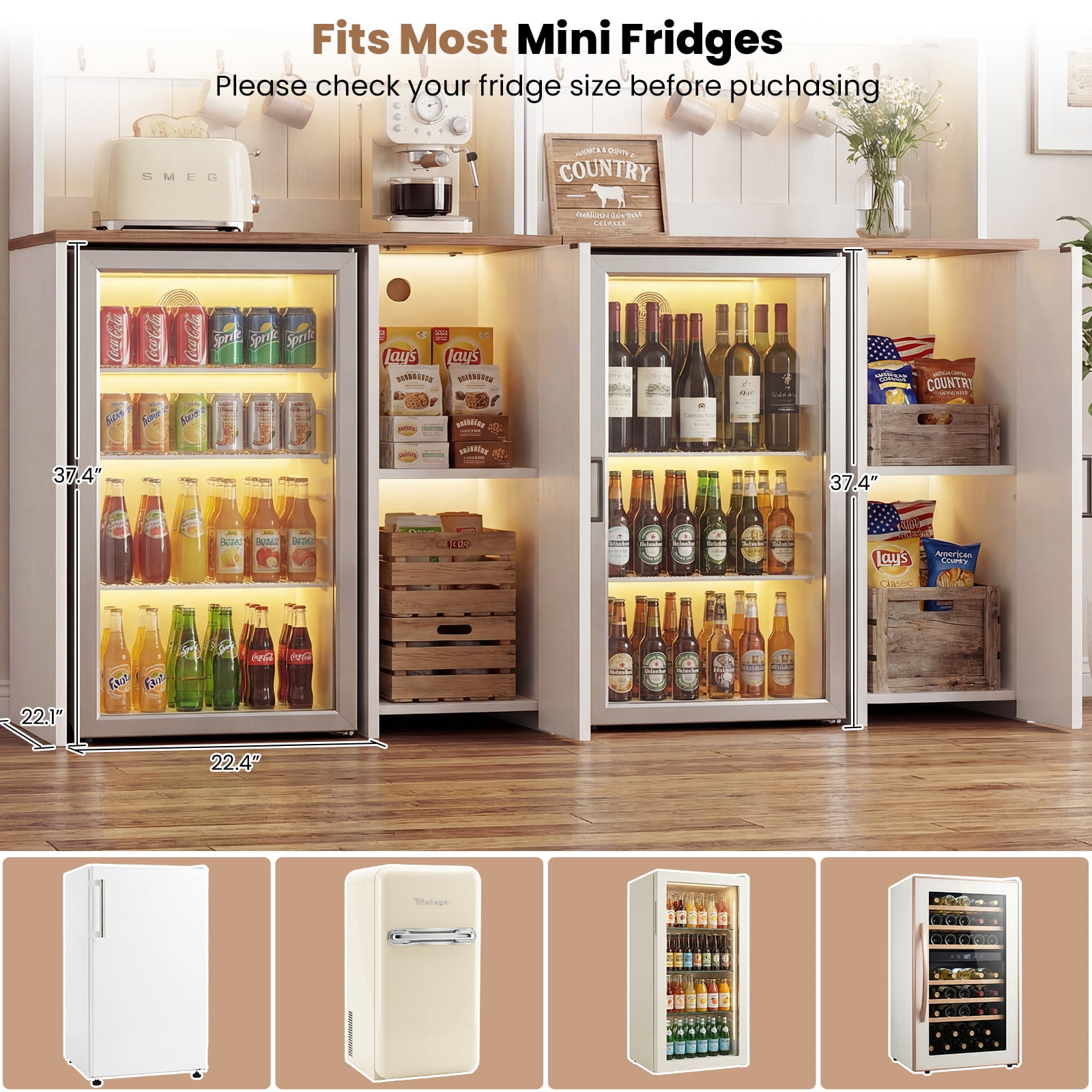 Aheaplus 2-in-1 Mini Fridge Cabinet & Coffee Bar Station Bundle - with Power Outlet, LED Light, Microwave Shelf & Storage, Ideal Beverage Center for Kitchen, Dorm, Office,White