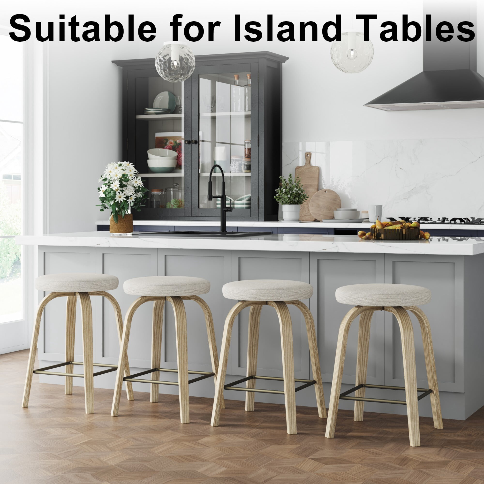 AENKYO 26" Swivel Bar Stools Set of 2, Counter Height Island Stools for 34"-40" Counters, Fabric Padded, Beige