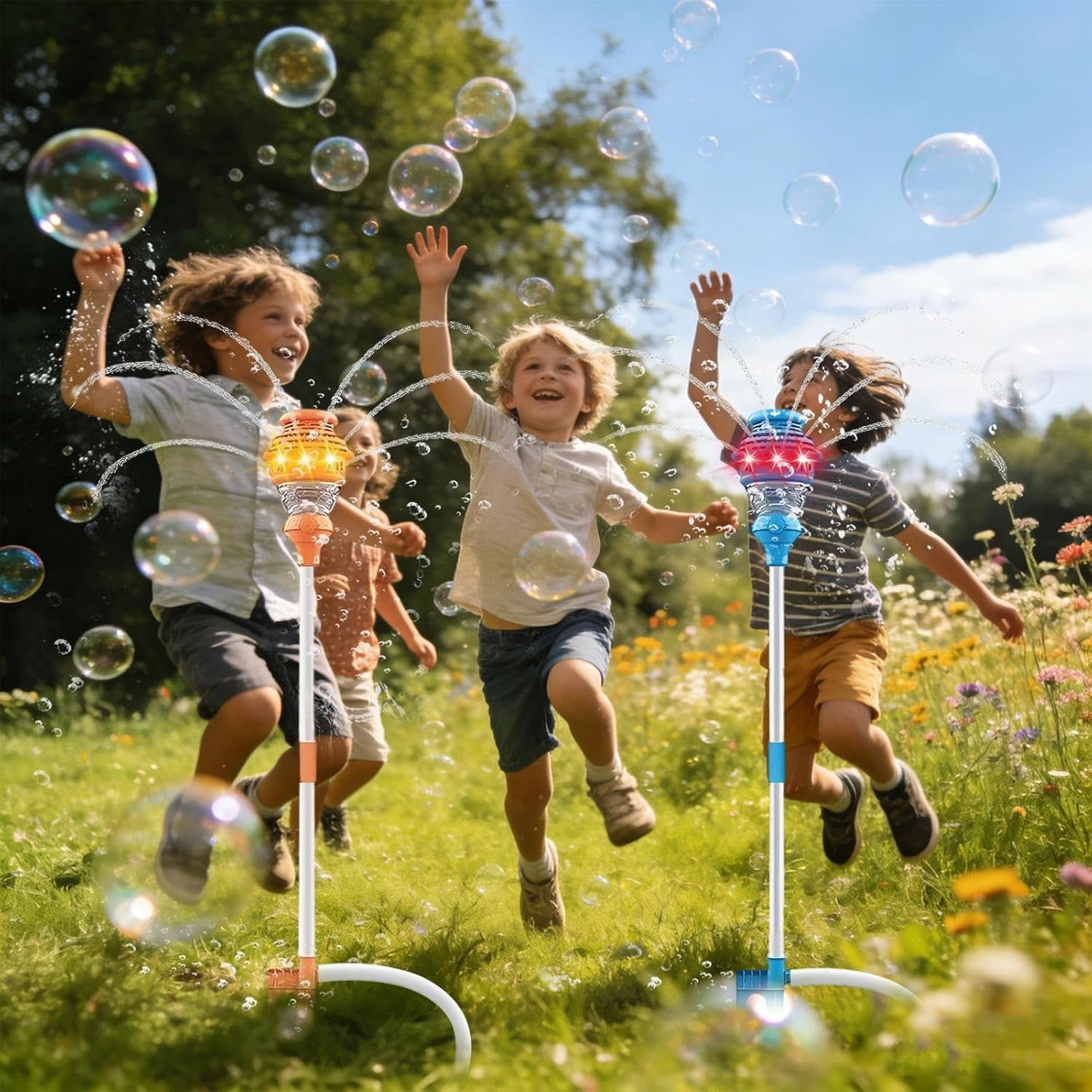 Guvpev 36" Automatic Bubble Machine Sprayer, Battery Powered Outdoor Lawn Summer Bubble Blower, Durable ABS Construction Bubble Maker for Garden, Wedding, Birthday Party & Unique Gifts, One Random