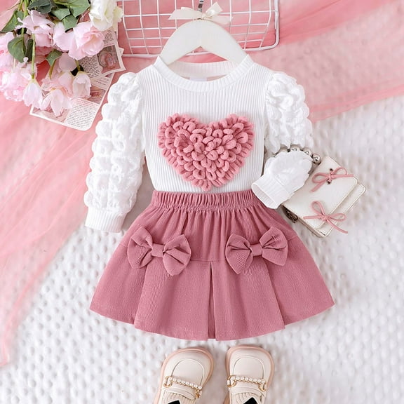 SNKSDGM Girls Toddler Girl Spring Outfits 5T Girls Summer Outfits Size 6-7 Baby Girls Spring and Autumn Long Sleeve Heart Blouse Bow Skirt Two Piece Set 18-24 Months