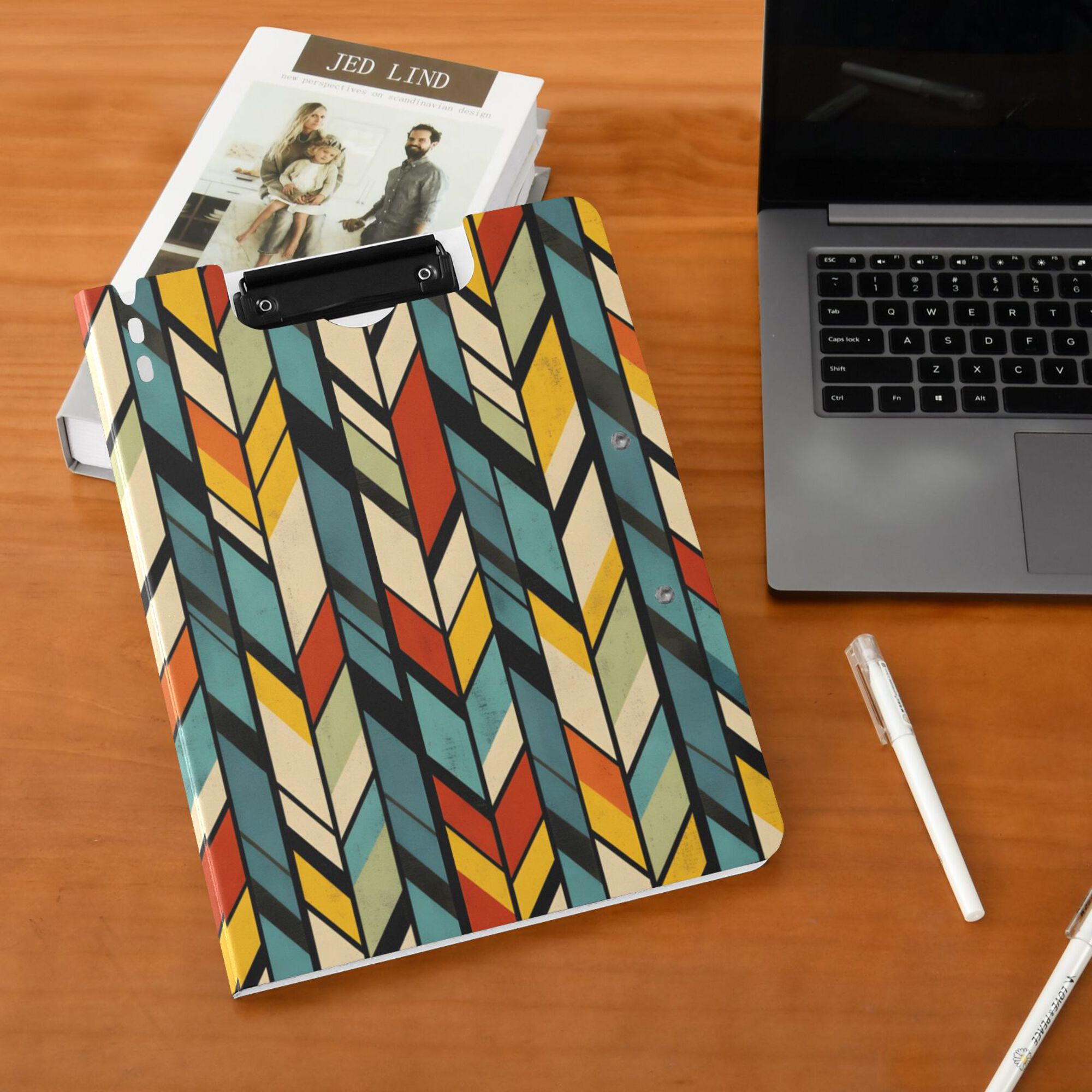 FORMRS A4 Clipboard Folder with Pen Holder Horizontal Foldable School Office Binder, Yellow Geometric