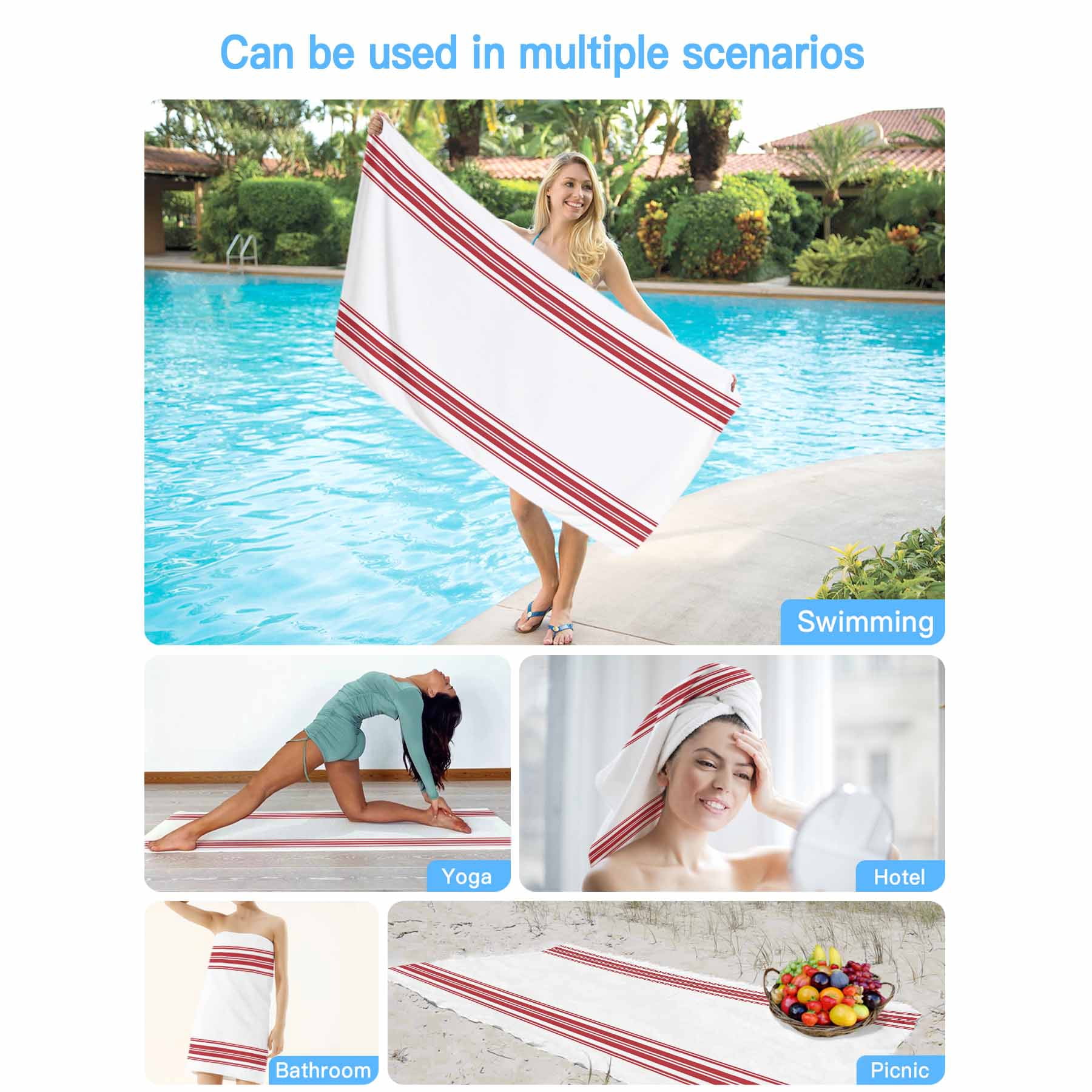 Beach Towel Red Ticking Vertically Stripe Bath Pool Towels Simple Style White Absorbent Beach Towel Soft Large Quick Dry Lightweight Camping Travel Sports Yoga Gym Swim Towels for Adult 35x70 Inch