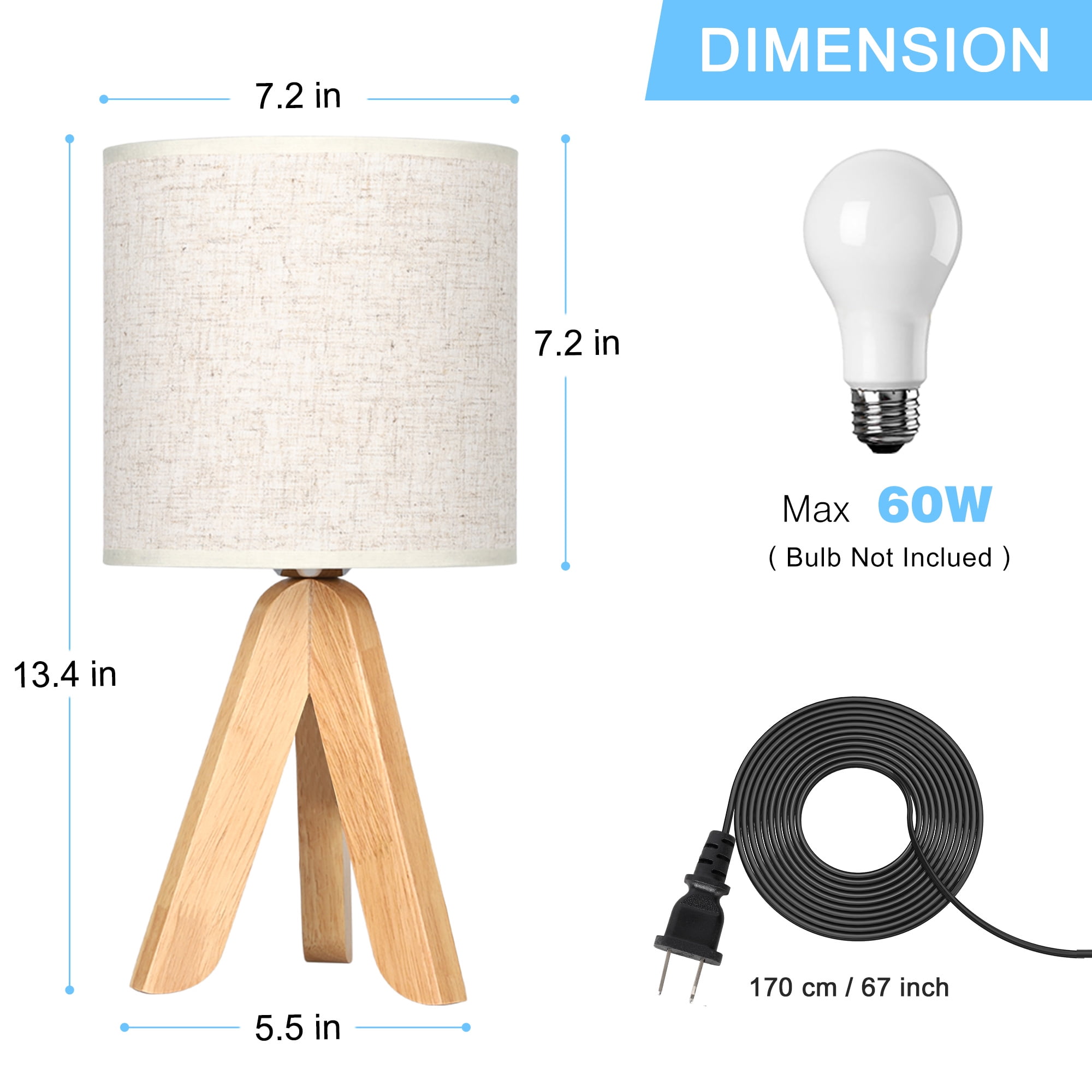 Haitral Small Bedside Table Lamp Wooden Tripod Nightstand Lamp with Fabric Linen Shade
