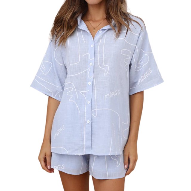 Conjunto De Pantalones Cortos Blusas de mujer Top Pantalones cortos Alfabeto Impreso Algodón Estilo casual Traje diario Ygjytge Azul M para Mujer