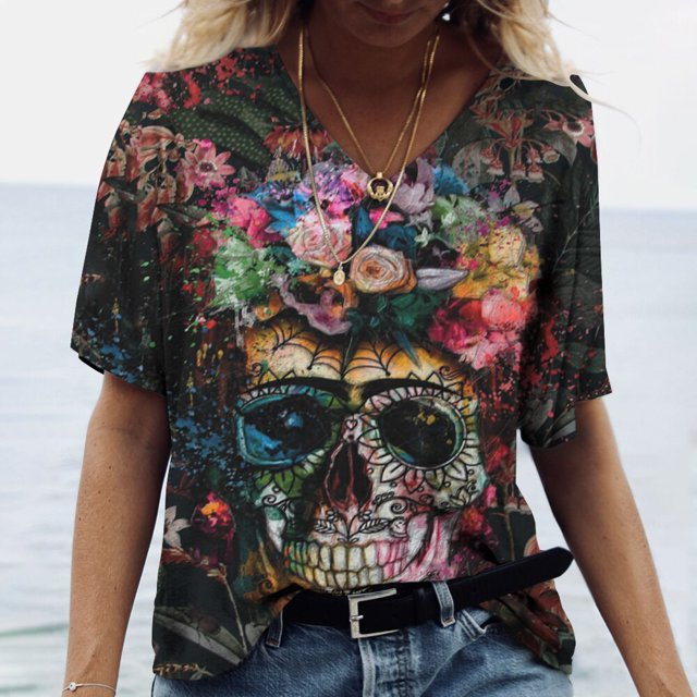 Camiseta Vintage con estampado 3D de calavera para mujer, blusas con cuello en V, Jersey informal de manga corta, Tops de gran tamaño, ropa Harajuku, camisetas de verano