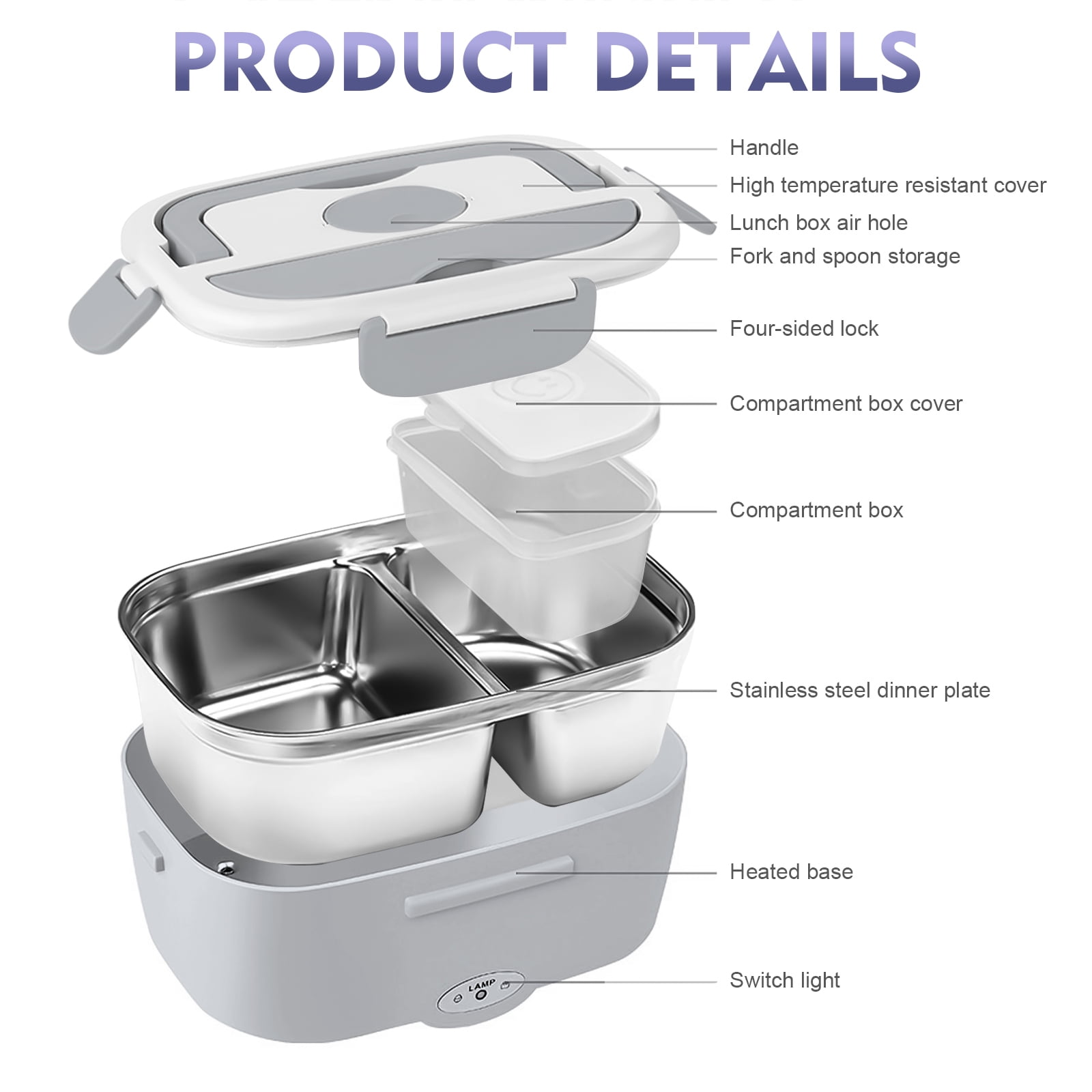 Electric Lunch Box -DFITO Fast 65W Food Heater 3-In-1 Portable Food Warmer Lunch Box W/Leak proof, 2 Compartments, Removable 304 Stainless Steel Container, Fork, Spoon and Carry Bag,Gray