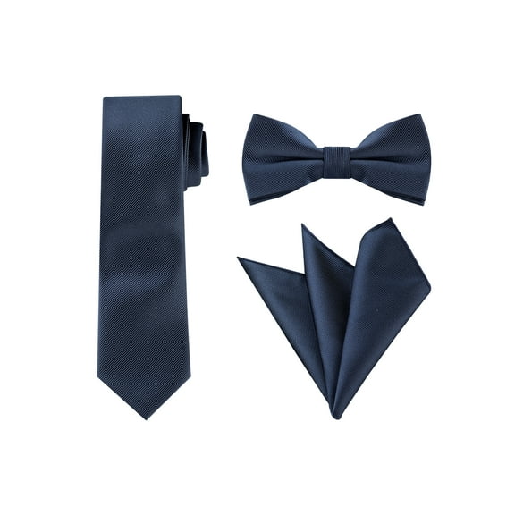 INSPIRE CHIC Men's Solid Color Necktie Pre-Tied Bow Tie and Pocket Square Set Ties for Wedding Business Navy Blue One Size