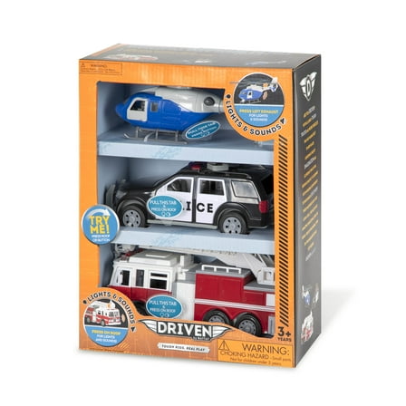 Driven by Battat 3-Piece Micro Rescue Fleet Toy Emergency Car & Truck Play Vehicles 9in for Kids 3 Years Old