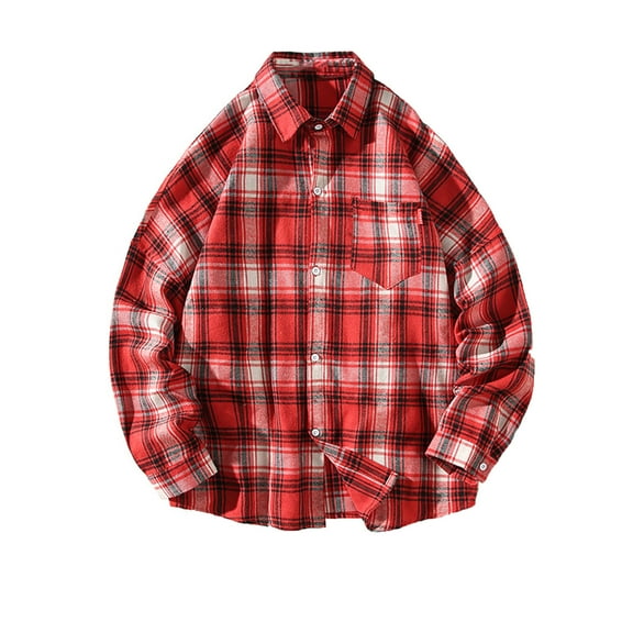 Plus Size Long Sleeve Shirts for Men Lapel Plaid Printed Button Blouse Winter Casual Loose Jackets
