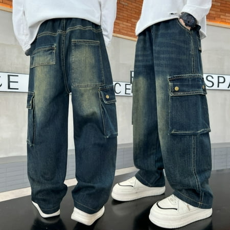 LRen Boys Black Jeans High Waisted Stretch Elastic Waist Baggy Denim Pants Boys Lightweight Soft Comfy Fashion Trousers Streetwear with Pockets Blue 7-8 Years
