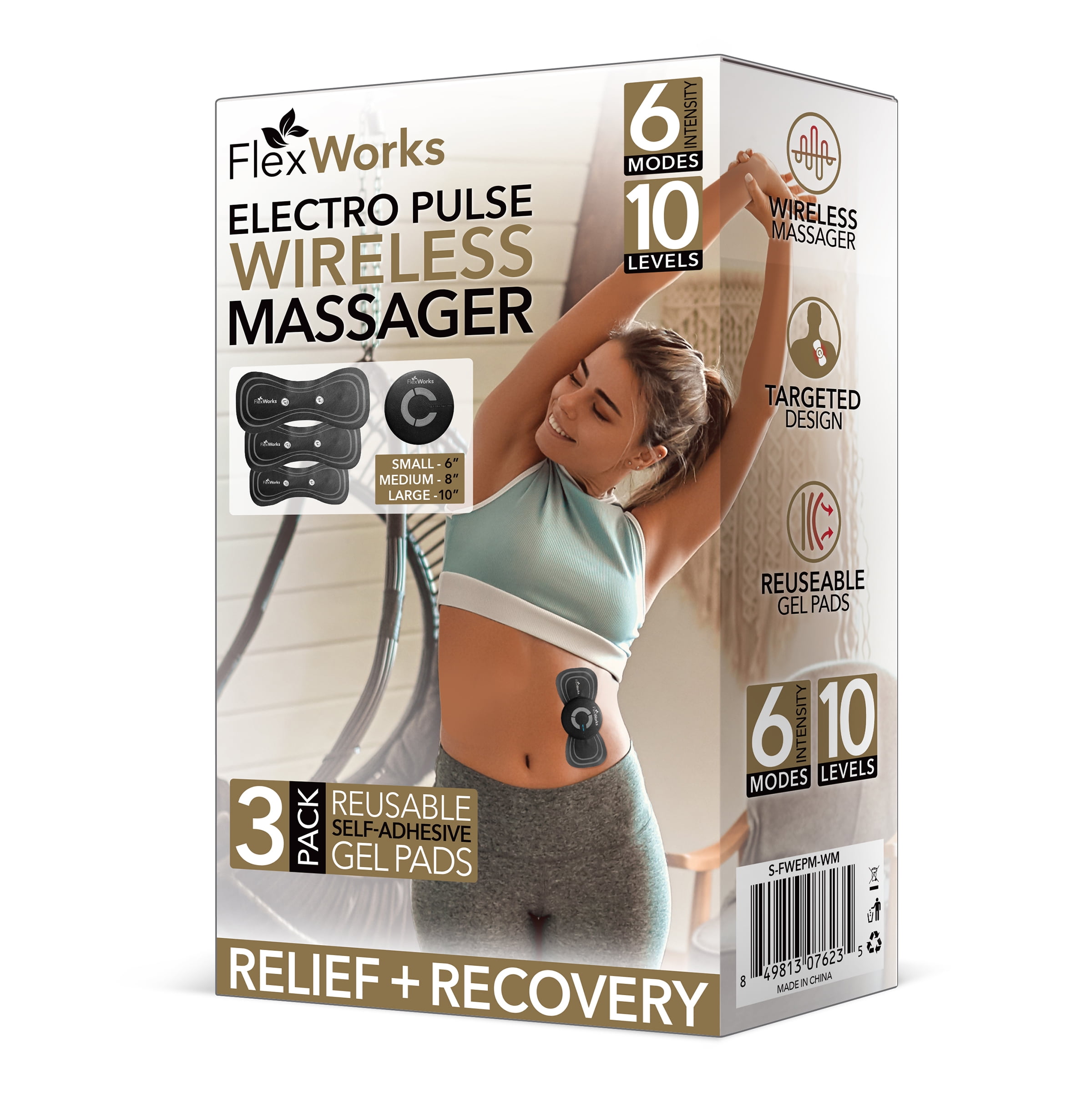 (7 pack) FlexWorks Electro Pulse Wireless Massager with 3 Pack of Reusable Self-Adhesive Gel Pads, Black