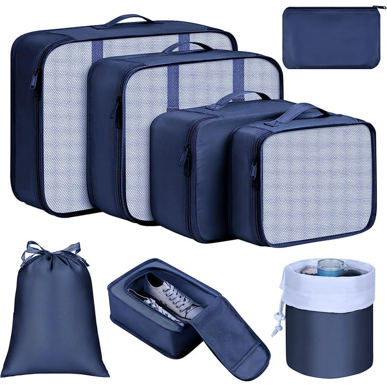 DIMJ Packing Cubes for Travel, 8Pcs Foldable Suitcase Organizer Set for Bra,  Socks, Cosmetics with Makeup Bucket Bag, Waterproof Lightweight Travel  Cubes Luggage Storage Bag, Dark Blue 