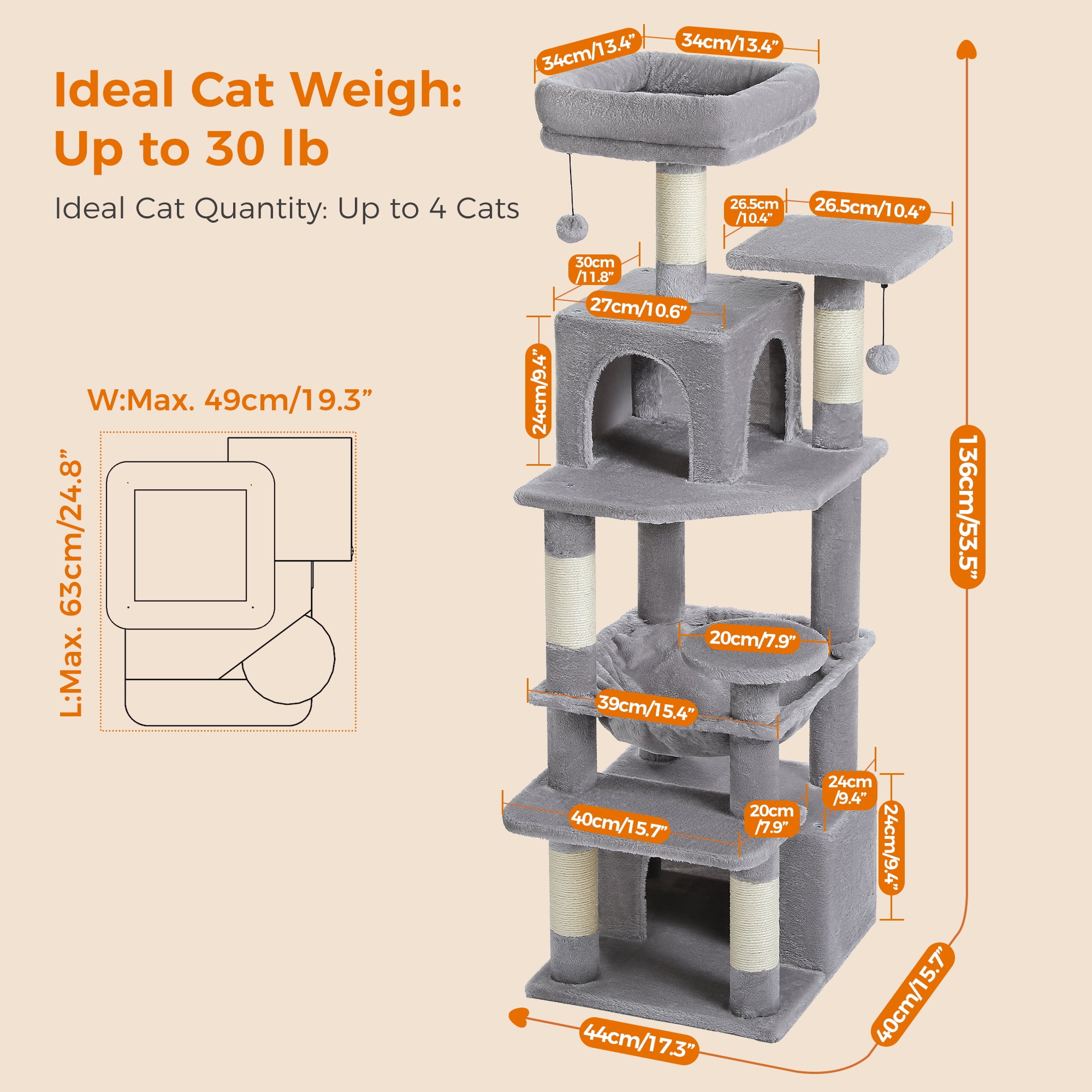 Pefilos 53" Tall Cat Tree Tower with Spacious Hammocks, Condos and Scratching Posts, Cat House with Dual Padded Perches for Indoor Large Cats, Gray