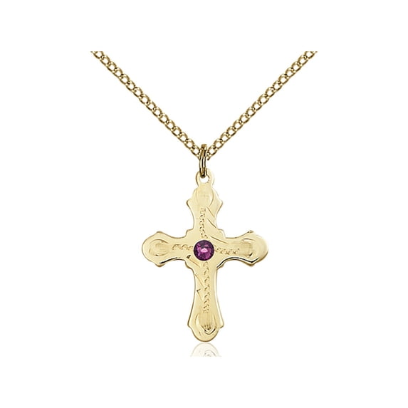 Gold Filled Cross Pendant with 3mm February Purple Swarovski Crystal 7/8 x 5/8 inches with Gold Filled Lite Curb Chain