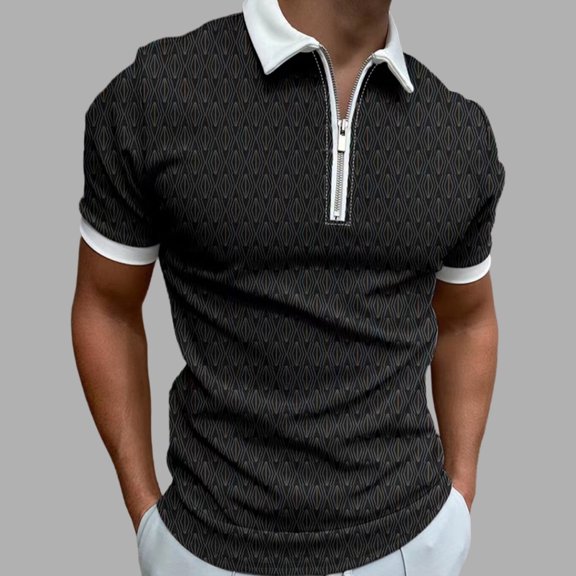 EWASWON Men's Short Sleeve Graphic Polo Shirt, Slim Fit Zip-Up Collar, Breathable Cotton Blend for Summer Casual Wear,Black,Size S