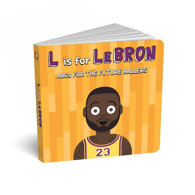 Diaper Book Club's 'L is for LeBron' basketball alphabet book for children, featuring vibrant artwork of a cartoon basketball player wearing a yellow jersey with the number 23 on the cover. The book title is displayed in bold purple and white text against an orange striped background, ideal for teaching kids the alphabet through basketball themes.