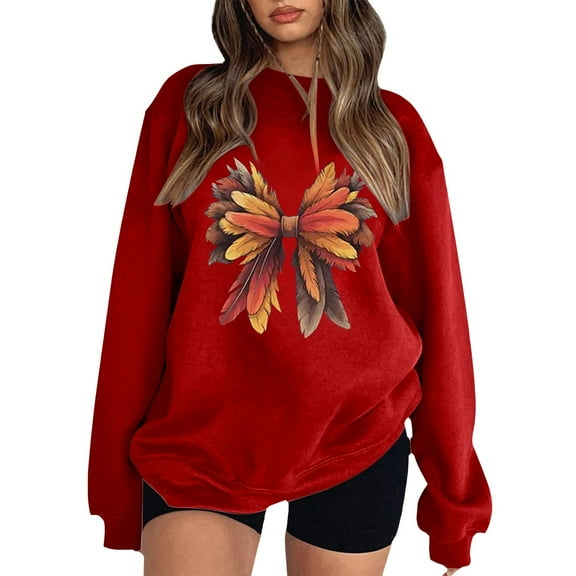 Fiaer Thanksgiving Sweatshirts for Women Leaf Graphic Long Sleeve Pullovers Crew Neck Baggy Fashion Plus Size Tops Red XL