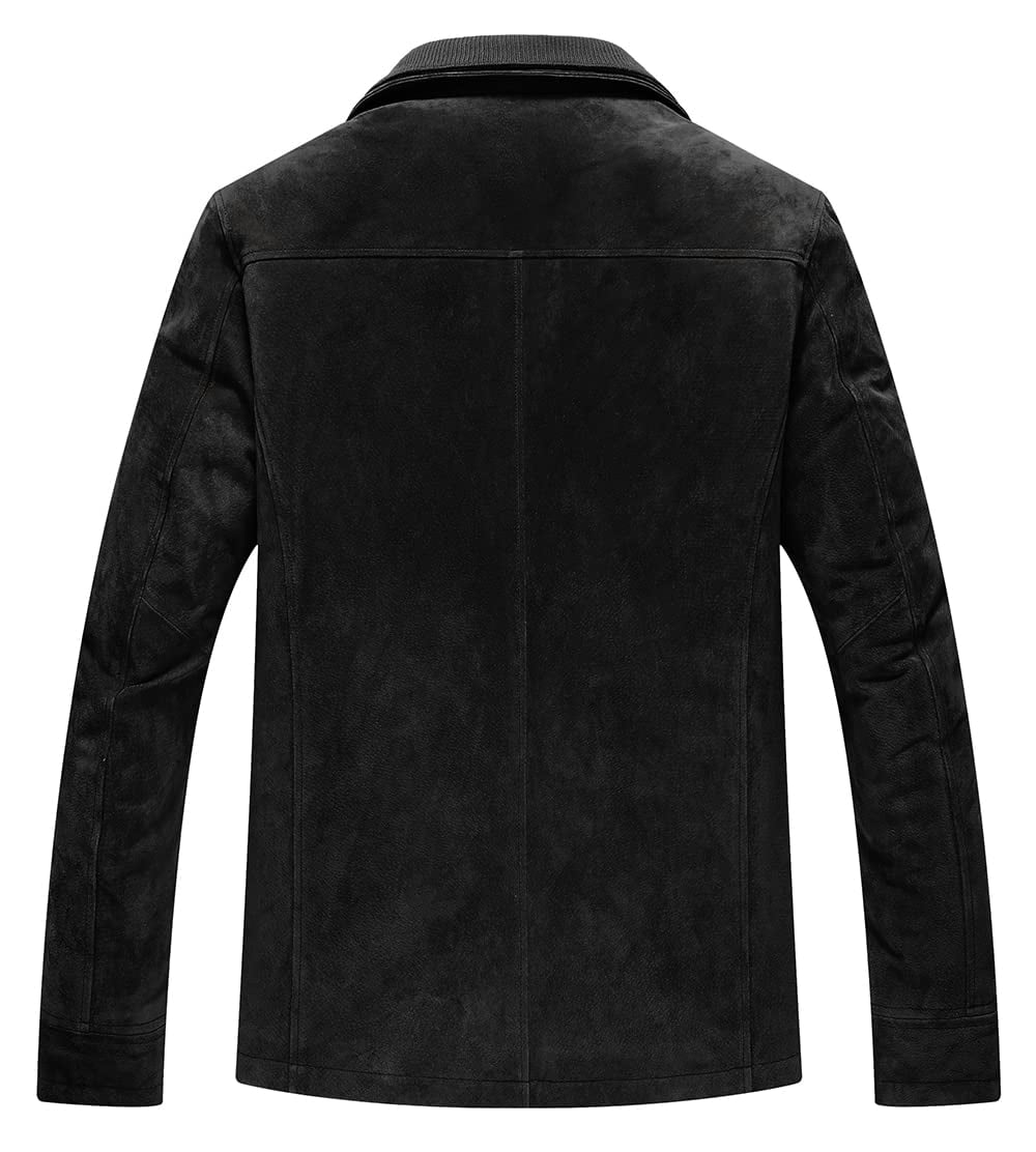 FLAVOR Men's Classic Leather Jacket Suede Winter Coat with Removable Collar (Large, Black)