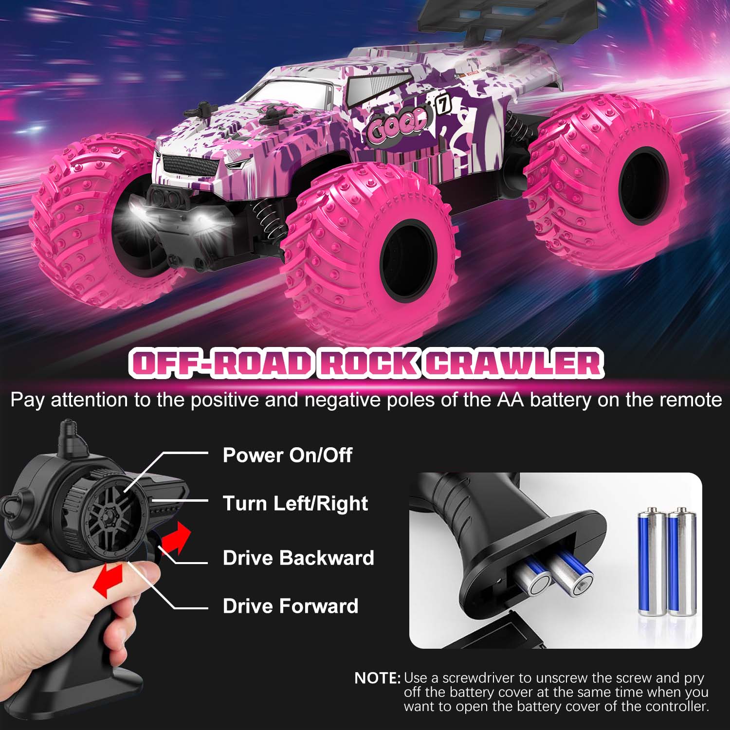 BEEPRINCESS Remote Control Car, 1:18 Scale All Terrain RC Cars, 2WD 20Km/h with Colorful LED Light and 2 Rechargeable Batteries, RC Monster Truck Off-road Racing Car Toys for Kids and Boys, Pink