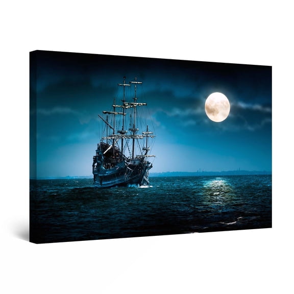 Startonight Canvas Wall Art Ship and Moon on Blue Sea Theme Painting, Framed 32" x 48"