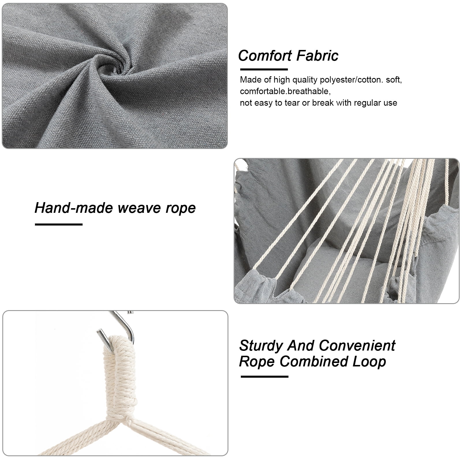 YAERSI Sturdy Lightweight Comfortable Hanging Rope Swing with Cushions, Gray
