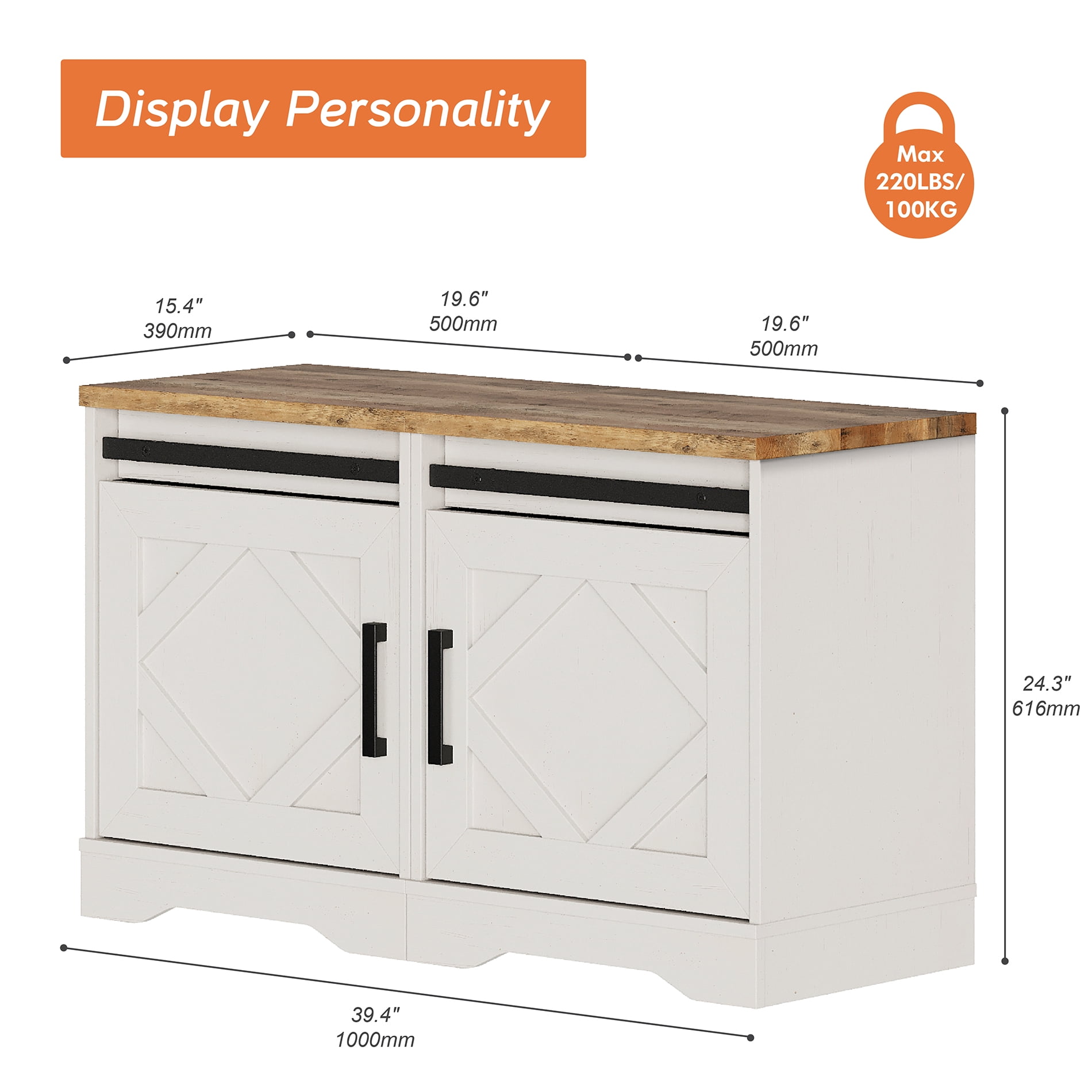 WAMPAT 24.3-inch Tall Farmhouse End Table Set of 2 with Drawer and Barn Door Cabinets for Living Room,Wood Scoring-Style Purposeful Distressing,Cream White