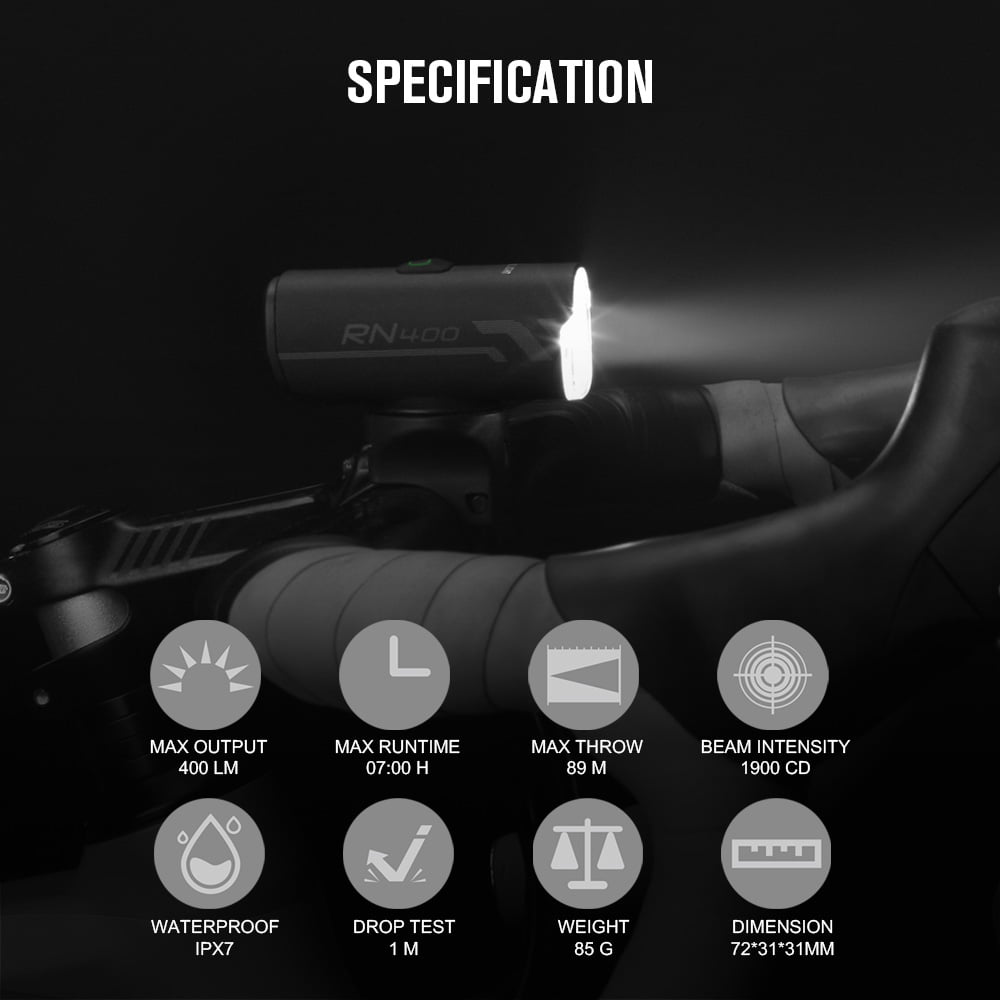 OLIGHT RN400 Bike Light Set USB-C Rechargeable 400 Lumens Bicycle Front Headlight High Quality Night Bicycle Safety Light For Urban Riding and Daily Commuting 89 Meters Waterproof With Charging Cable