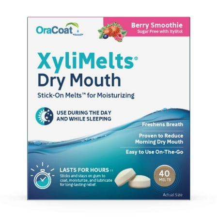 OraCoat XyliMelts Dry Mouth Relief Moisturizing Oral Adhering Discs 40 Count, Berry Smoothie with Xylitol, for Dry Mouth, Stimulates Saliva