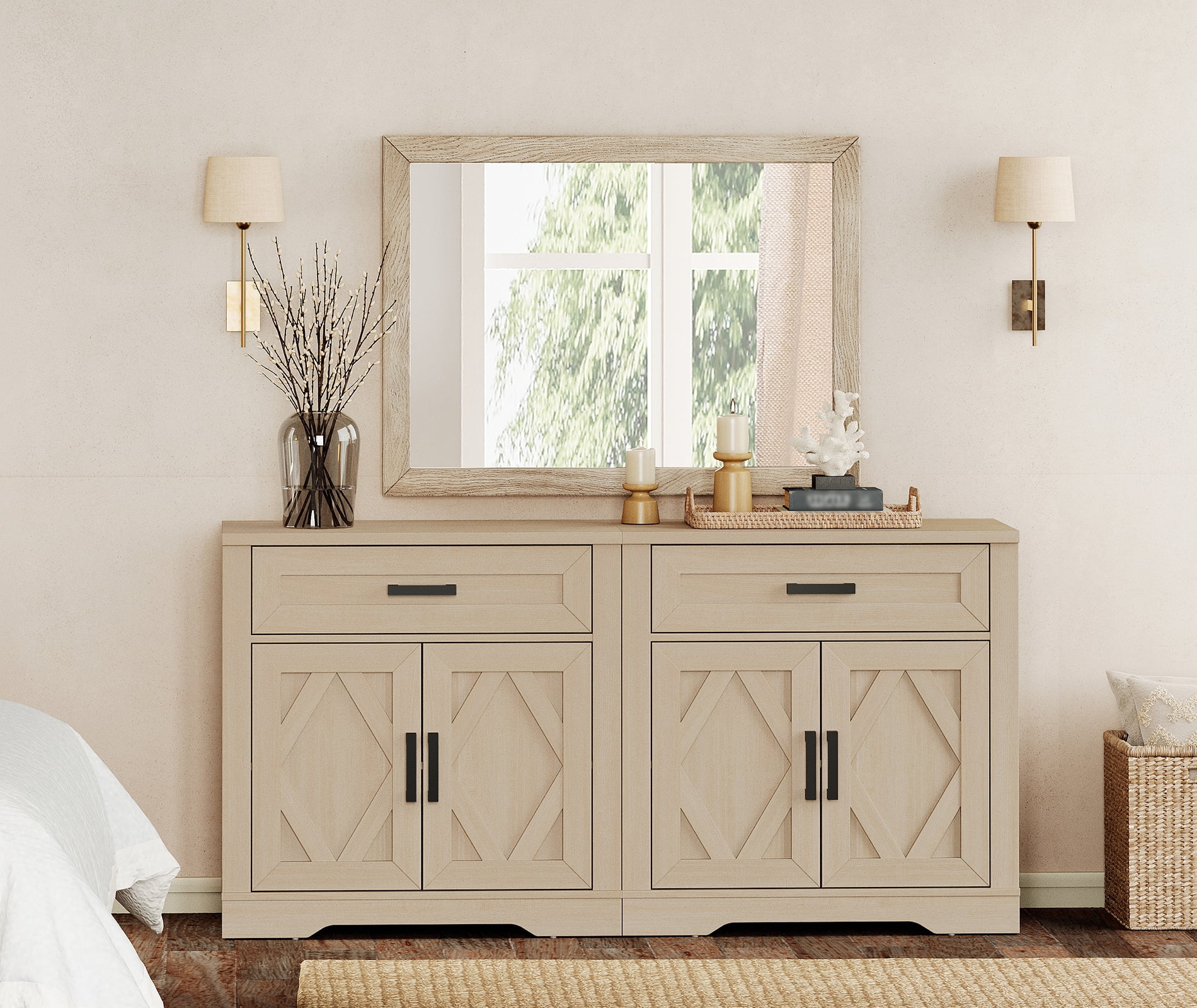 WAMPAT 2-in-1 TV Stand for up to 75" TVs,Farmhouse Entertainment Center with Storage Barn Door Cabinet,TV Console Table with Media Cabinet and Drawers for Living Room,Bedroom,Beige