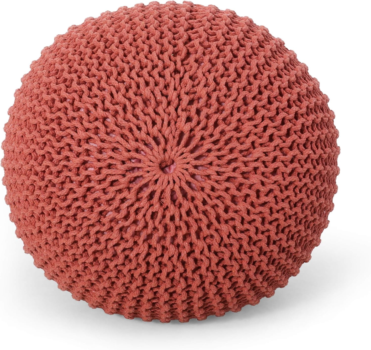 Pouf with Knit Weave Cotton Cover, Modern Round Floor Pouf and Accent Seating for Living Room, Coral