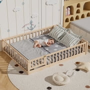 Queen Floor Bed Frame for Toddler, Montessori Floor Bed with Fence and Wood Slats for Girls Boys Kids Happy Time,Natural