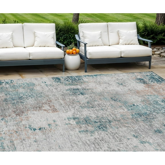 HomeRoots 587888 9 x 12 ft. Abstract Washable Indoor & Outdoor Rectangle Area Rug, Teal Blue, Beige & Copper