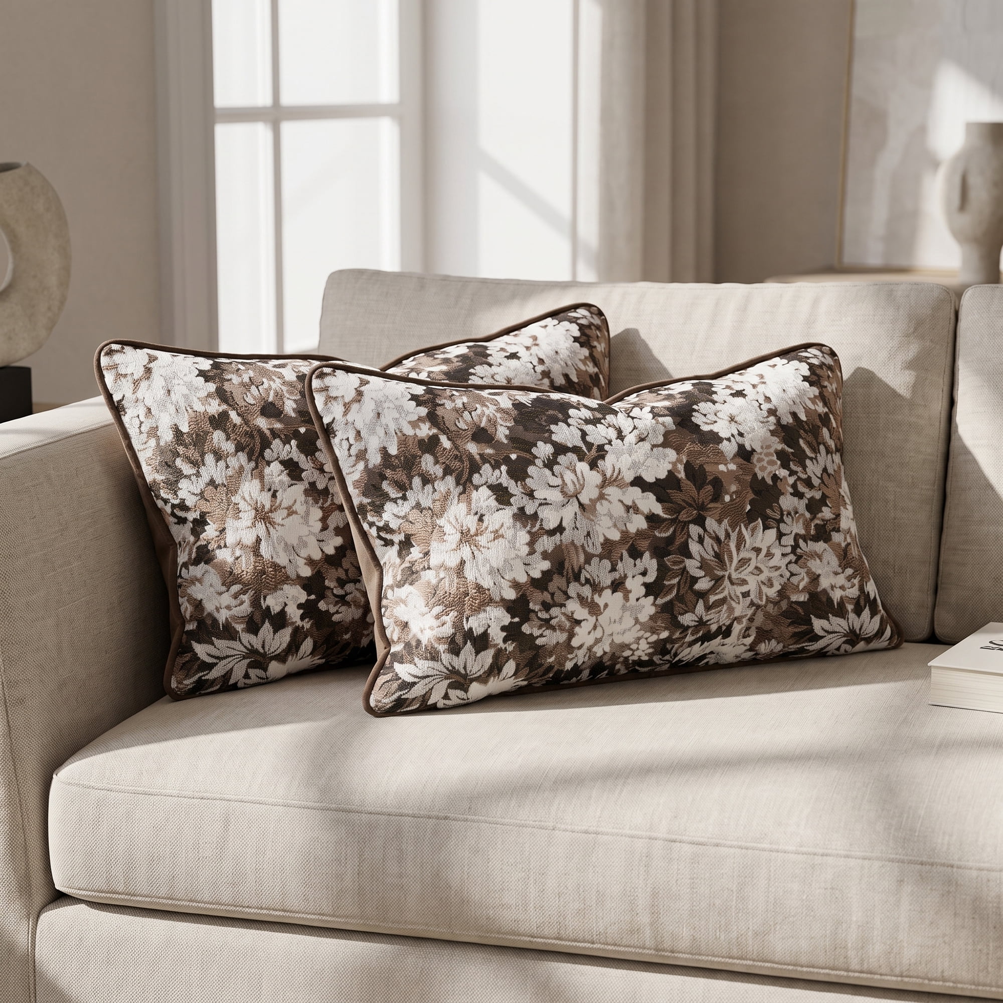 Unique Bargains Floral Throw Pillow Cover with Piped Edge Decor Cushion Case Brown 20"x12"