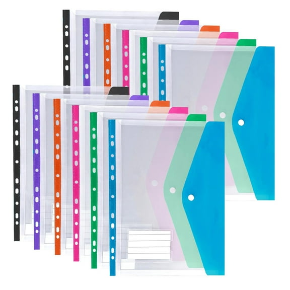 Binder Pockets Organizer, 12 Pack Plastic Binder Folders with Snap Closure and Label, 11-Hole Document Folders with Pockets for 2/3/4 Ring Binders