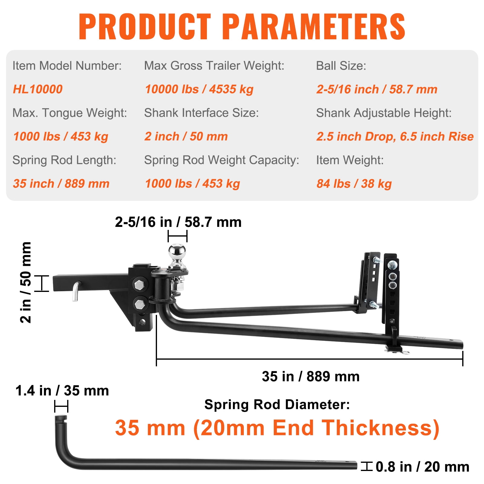 KFFKFF Weight Distribution Hitch, 1,000 lbs Capacity with Sway Control, 2-Inch Solid Steel Shank, 2-5/16 Inch Alloy Steel Ball, Durable Powder-Coated Load Leveling Hitch, Black