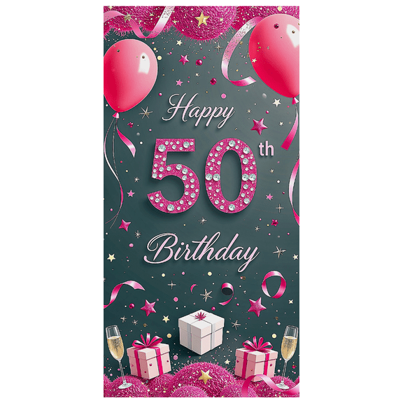Pink Balloons Happy 50th Birthday Banner Decorative Design Polyester Material for Birthday Party Holiday Event Indoor Decoration