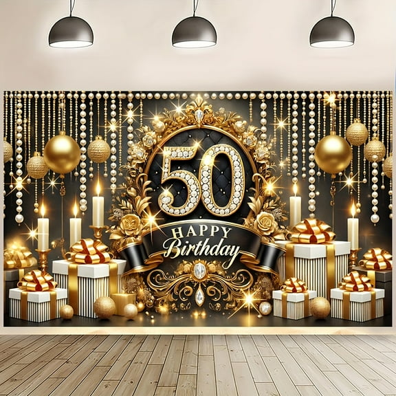 Golden Black 50th Birthday Backdrop Decorations for Women Glitter Diamond Happy Birthday Party Banner Supplies Elegant Pearl Tassel Photography Background Celebration Event