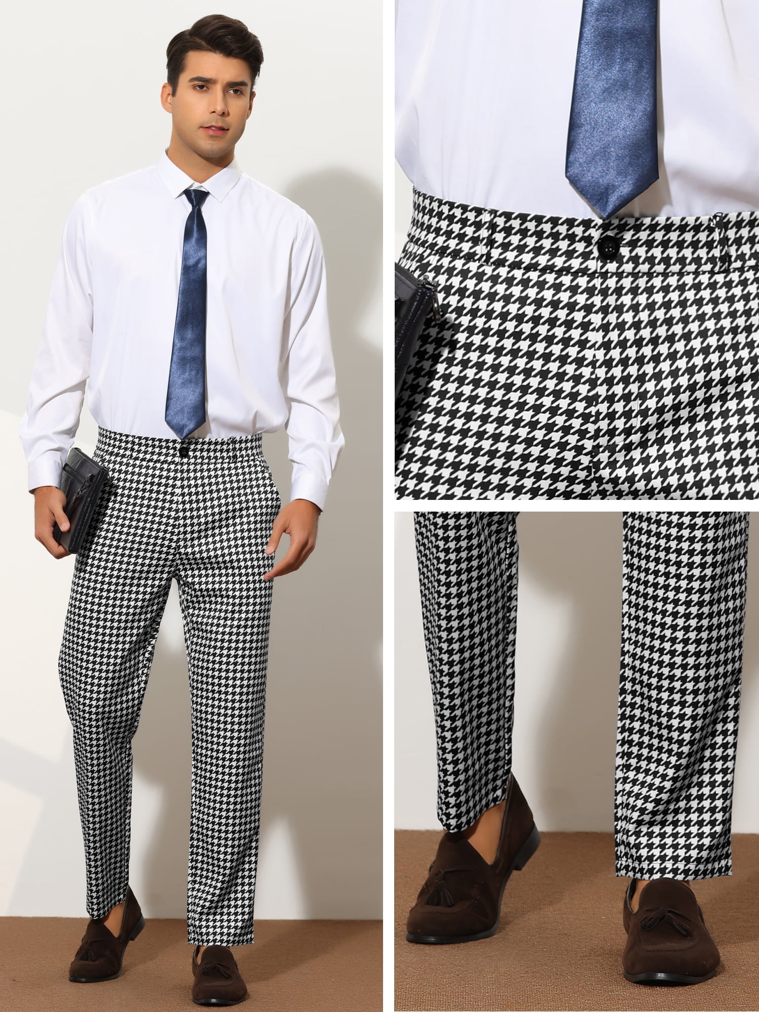 Unique Bargains Men's Houndstooth Pattern Pants Slim Fit Business Plaid Dress Trousers 38 White Black