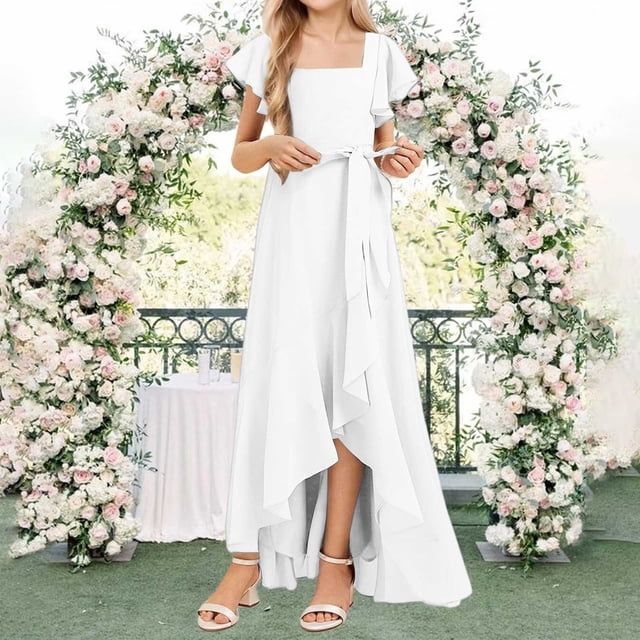 XIMIN Girls Plus Size Square Neck Solid Color Chiffon Bridesmaid Dresses Formal Cocktail Party Dresses with Sleeves Ruffle High Low Evening Formal Dress