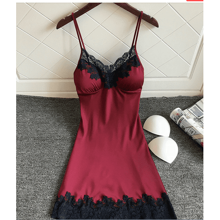 

Nokiwiqis with Chest Pads Ladies Silk Satin Night Dress Sleeveless Nighties V-neck Nightgown Nightdress Lace Sleepwear Nightwear For Women