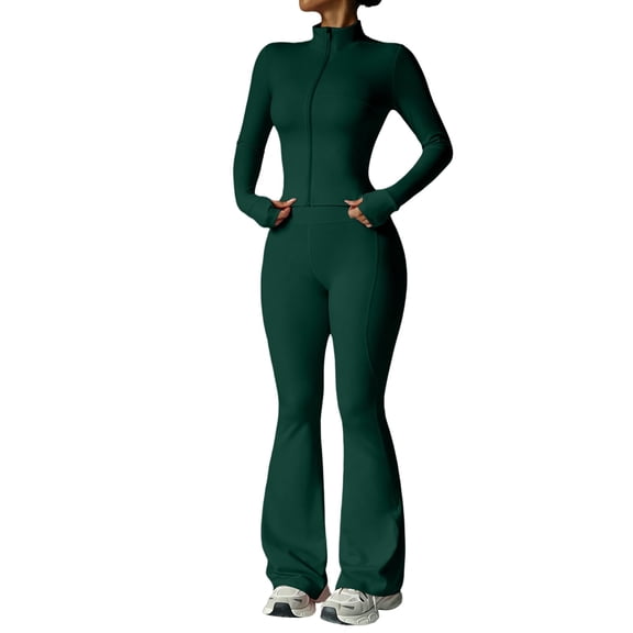 GILIGEGE Women 2 Piece Outfits Fall Long Sleeve Zip Up Tracksuit,workout sets,Thumbhole Jacket & High Waist Flare Leg Pants Set,Solid Color Slim Fit Outfit Active Suit for Workouts Blackish Green L